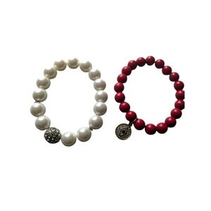 Beaded Bracelet. 1 Pair. Red Beaded and Faux Pearl.